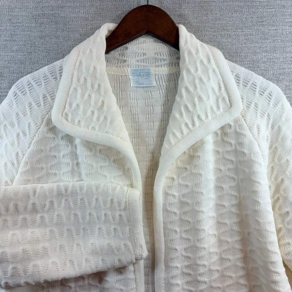 Vintage Granniecore‎ Dainty Ivory Honeycomb Knit Open Front Cardigan Sweater LG